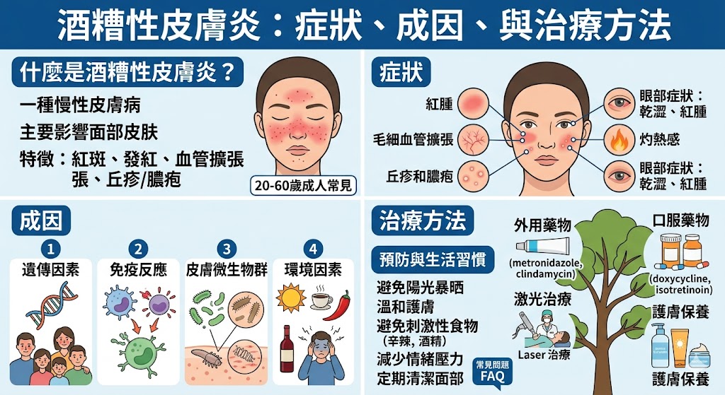 酒糟性皮膚炎是一種常見的皮膚病,主要影響面部,表現為紅腫、丘疹、膿疱等症狀。這種病症的成因可能與免疫反應、基因、皮膚微生物以及環境因素有關。雖然無法完全根治,但通過適當的治療,如藥物、激光治療及生活習慣改善,可以有效控制病情,減少發作。了解酒糟性皮膚炎的症狀與治療方法,對於早期干預與控制病情具有重要意義。