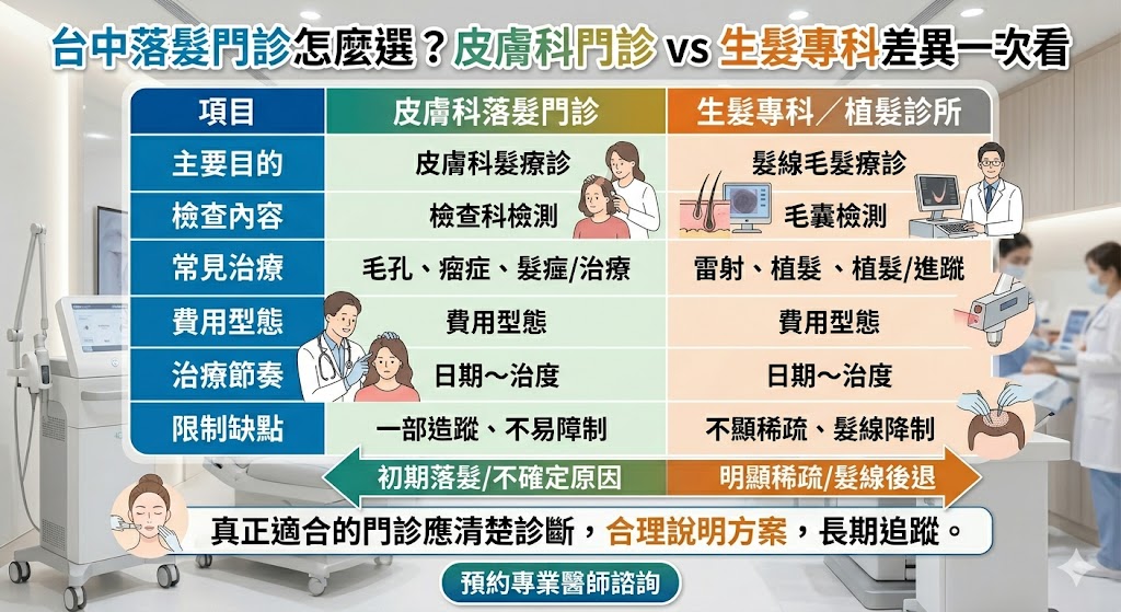台中落髮門診怎麼選,建議先依掉髮程度與需求判斷。若是剛開始掉髮、頭皮癢、頭皮屑或原因不明,可先到台中落髮門診由皮膚科醫師評估;若已有髮線後退、頭頂稀疏,或想了解 PRP、生髮療程、植髮等進階選項,則可諮詢生髮專科,確認適合的治療方向與費用規劃。