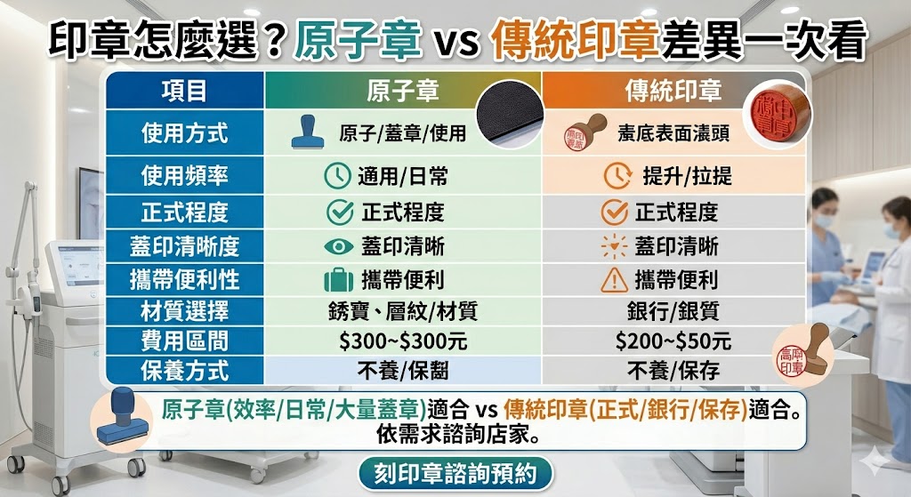 想刻印章卻不知道該選原子章還是傳統印章?本文整理印章種類、印章用途、印章費用、材質差異與適合情境,幫助個人、店家與公司快速判斷適合的印章款式。從個人章、公司章到店章,帶你了解不同印章的優缺點與刻印前注意事項,避免選錯重刻。