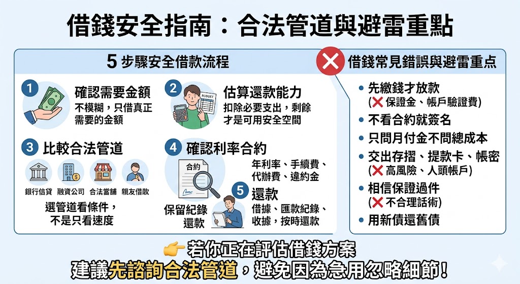 想借錢周轉卻不知道怎麼選才安全?本文整理借錢前必看的合法管道、申請流程、利率費用、合約檢查與常見詐騙風險,幫助你在急需資金時判斷適合自己的借錢方式,避免因為資訊不清或過度急迫而踩雷,並建立更穩定的還款規劃。