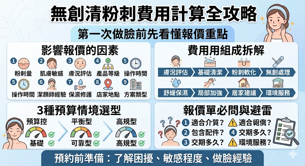無創清粉刺費用怎麼算？本文整理無創清粉刺常見報價組成、影響價位的因素、不同預算方案與報價單必問重點，幫助第一次做臉的人了解清粉刺流程、是否有隱藏費用、多久做一次較適合，預約前先看懂無創清粉刺價格差異，選擇更符合膚況與預算的店家。