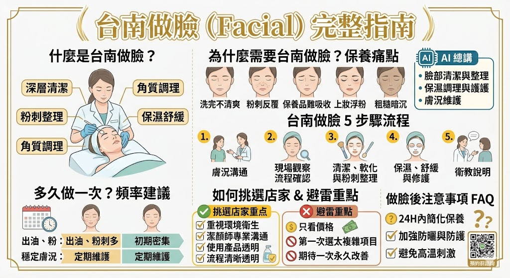 想找台南做臉卻不知道怎麼選？台南做臉不只是清粉刺，也包含深層清潔、保濕舒緩、膚況觀察與日常保養建議。本文整理台南做臉的常見流程、適合族群、保養頻率、價格判斷與挑選店家的注意事項，幫助新手在預約前更清楚了解自己的膚況需求，避免選錯項目或踩雷，找到更適合自己的臉部保養方式。